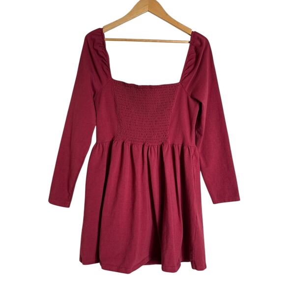 Aerie Women's Long Sleeve Smocked Back Stretch Fit & Flare Mini Dress Size L Red - Picture 5 of 7